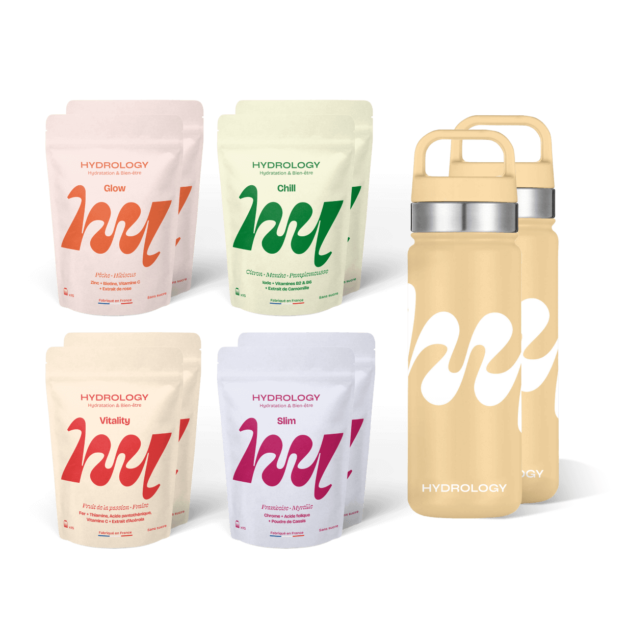 Pack hydratation à deux (10 sachets) + 2 gourdes au choix